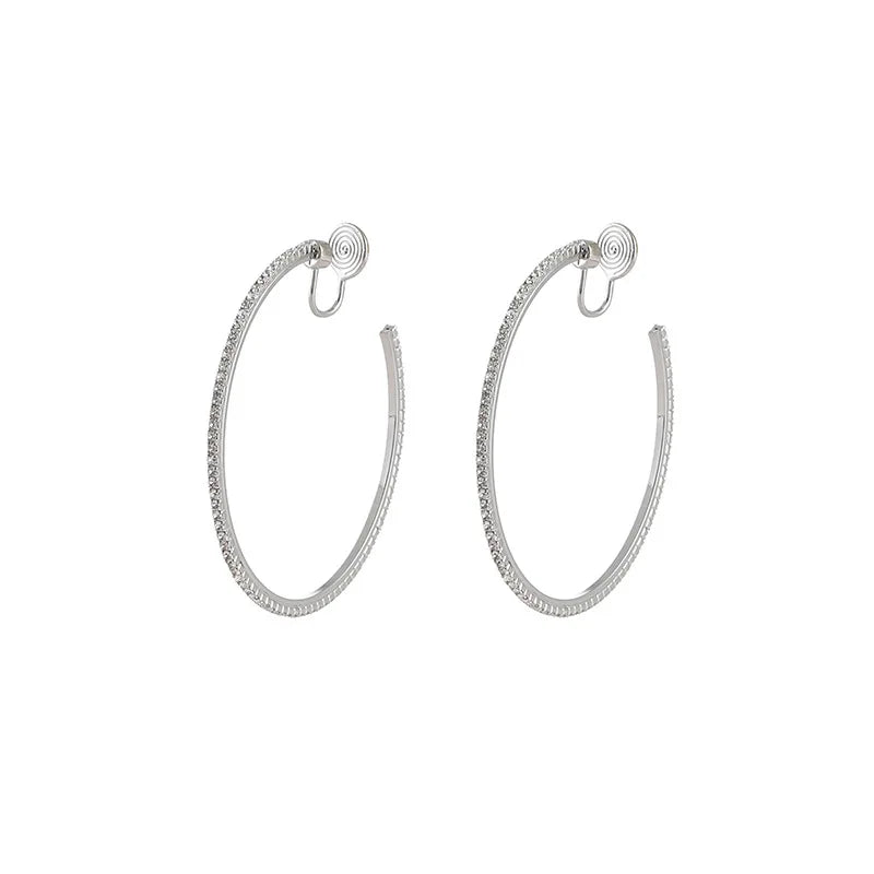Luxury Rhinestone Big Hoop Spiral Coil Stud & Clip On No Piercing Statement Circle Earrings