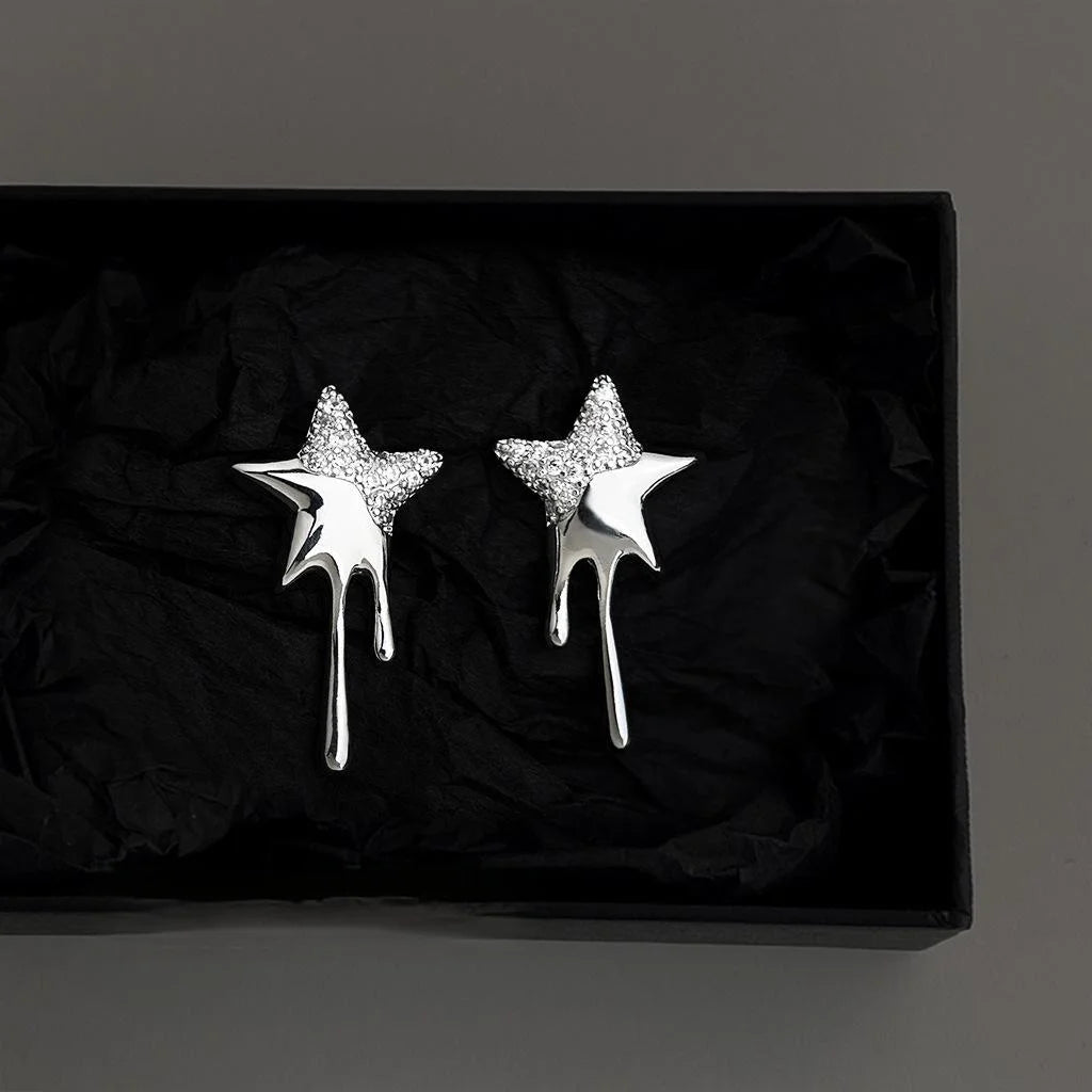 Silver Plated Copper Zircon Five Point Star Stud Earrings Minimalist Sweet Cool Jewelry