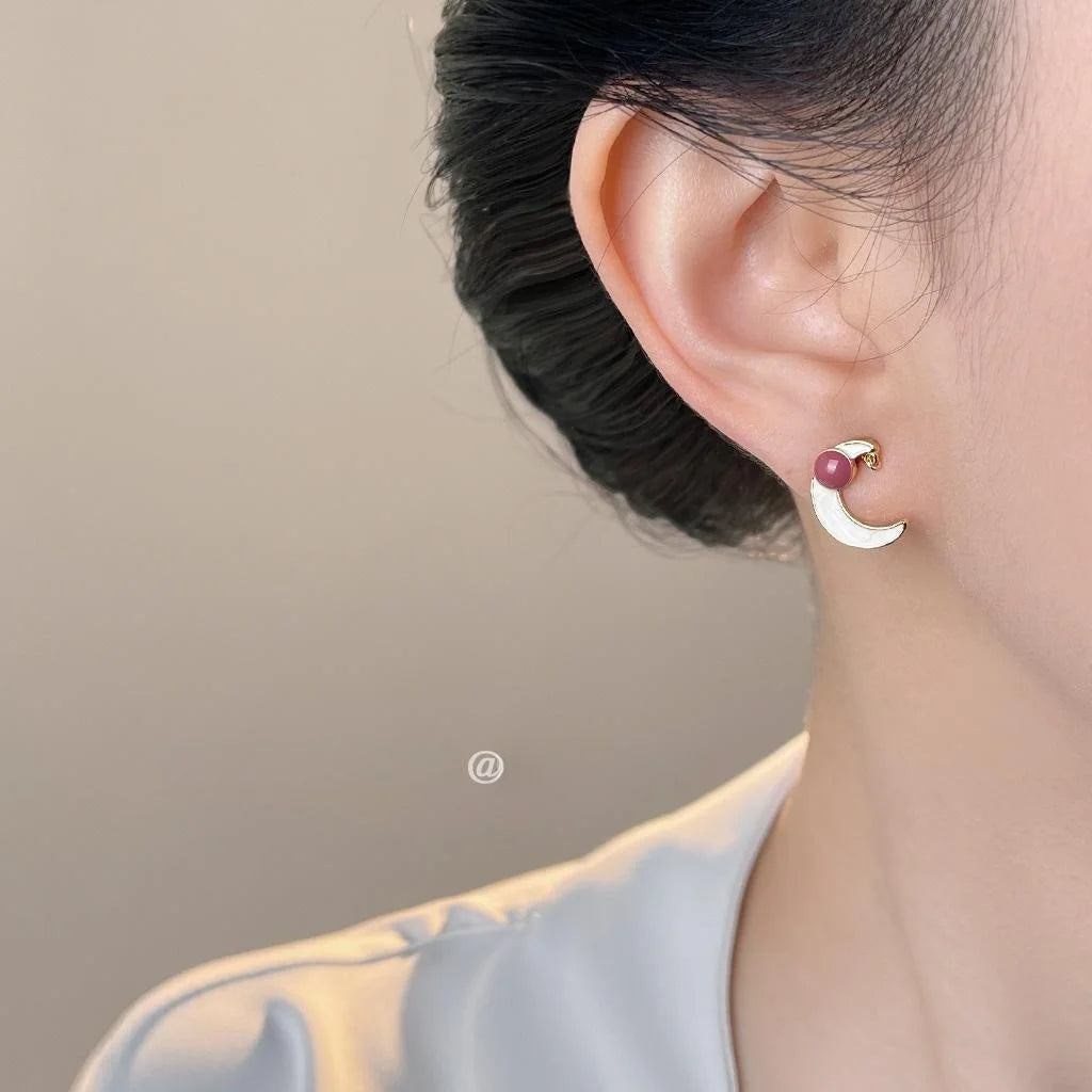 Asymmetric Eight Point Star Moon Stud Earrings Copper Enamel Silver Plated Pin Preppy Style
