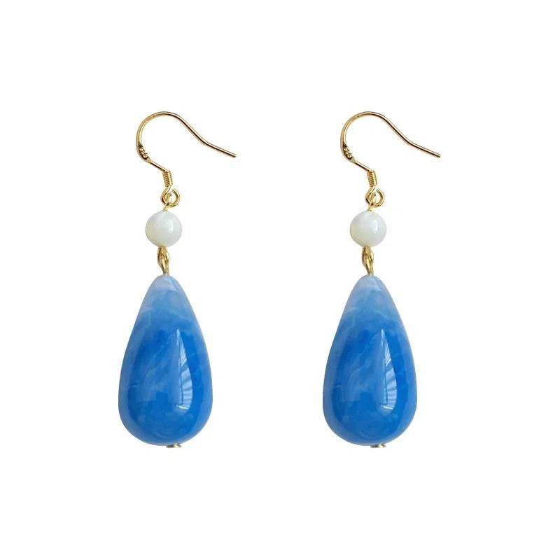 Original Design Haze Blue Handmade Gradient Teardrop Copper Drop Earrings, New Chinese French Vintage Style