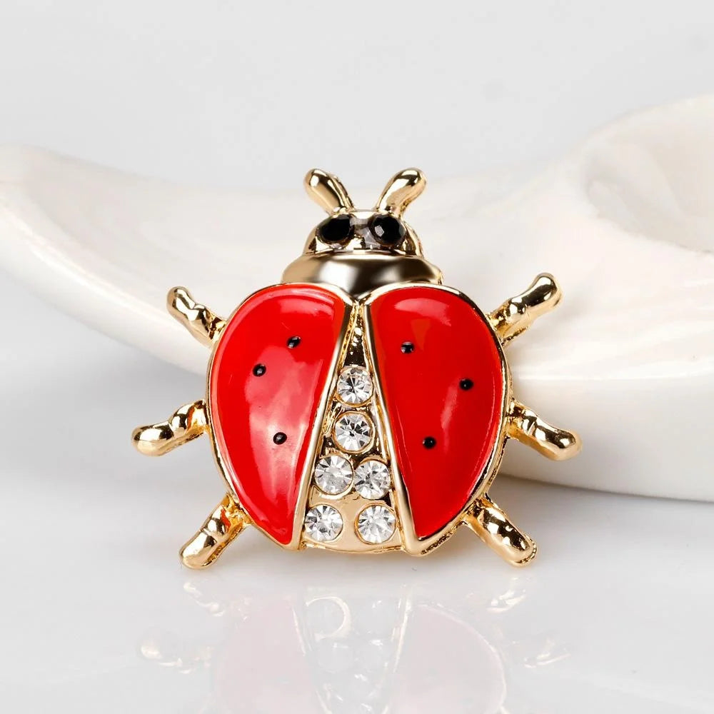 Cute Red Enamel Ladybug Brooch With Rhinestones, Gold Tone Alloy Lapel Pin Corsage Gift For Women