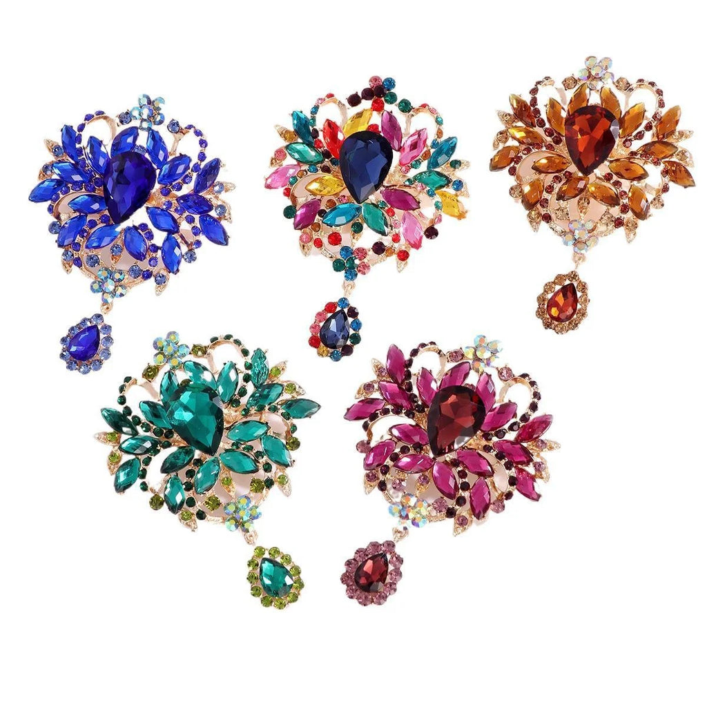 Luxury Rhinestone Flower Bouquet Brooch With Teardrop Crystal Dangle, Elegant Lapel Pin Suit Accessory