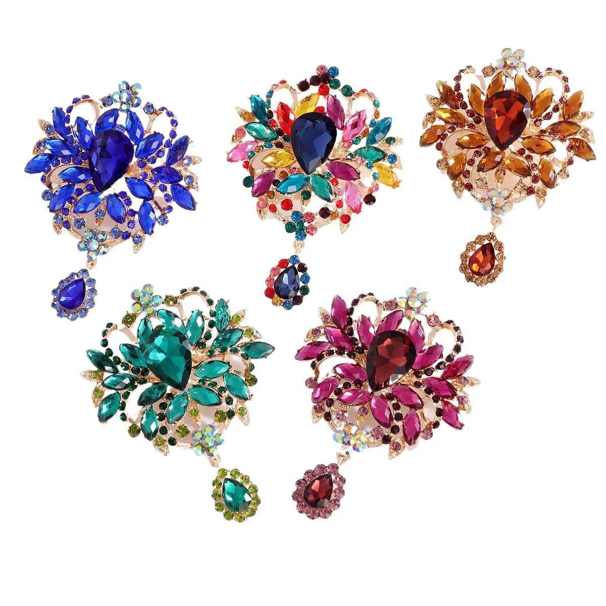 Luxury Rhinestone Flower Bouquet Brooch With Teardrop Crystal Dangle, Elegant Lapel Pin Suit Accessory
