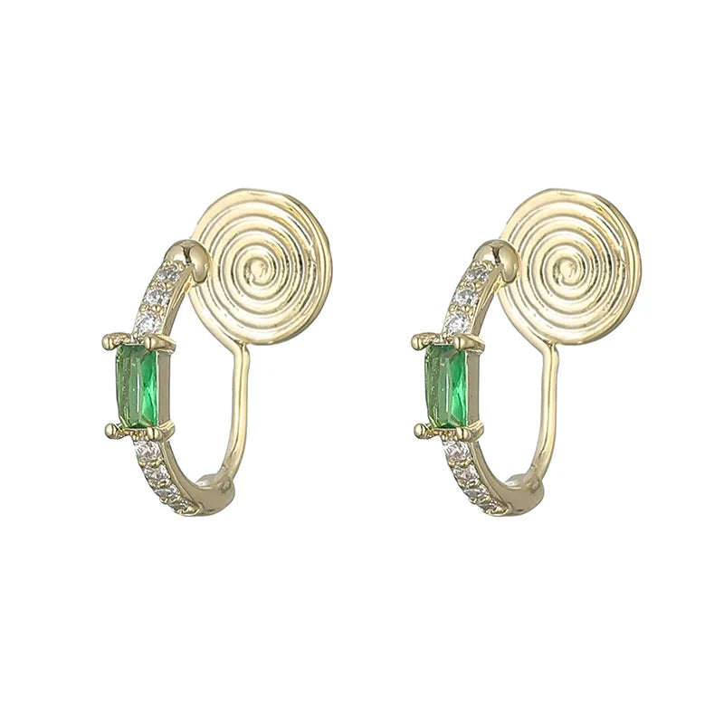 Elegant Green Zircon Spiral Hoop Stud & Clip On No Piercing Gold Alloy Rhinestone Ear Cuff Earrings