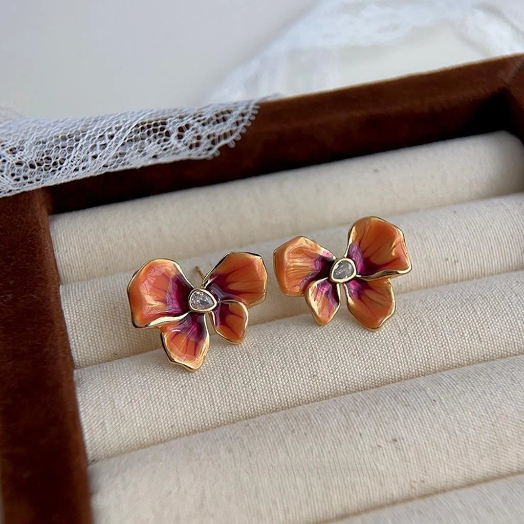 French Vintage Enamel Ombre Iris Flower Drop Earrings, Copper