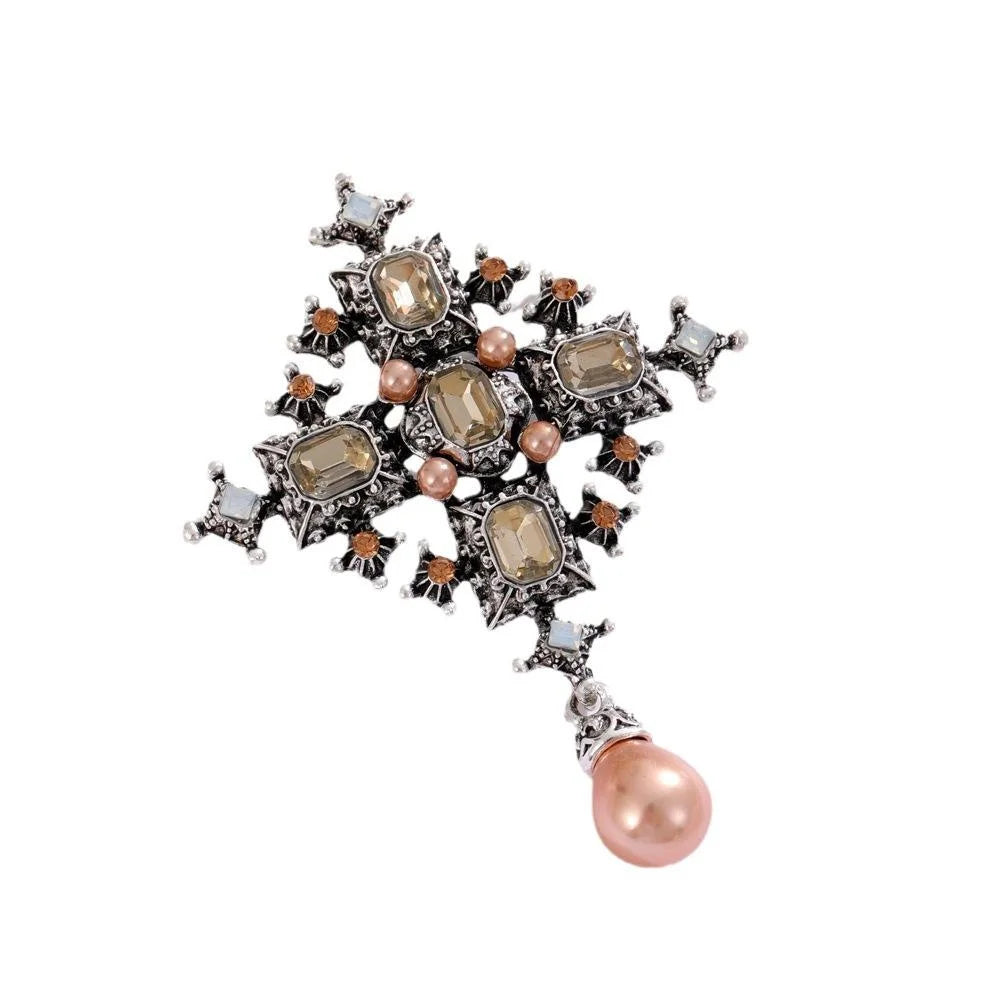 Vintage Baroque Cross Brooch With Rhinestones And Pink Pearl Drop, Elegant Alloy Lapel Pin Suit Accessory