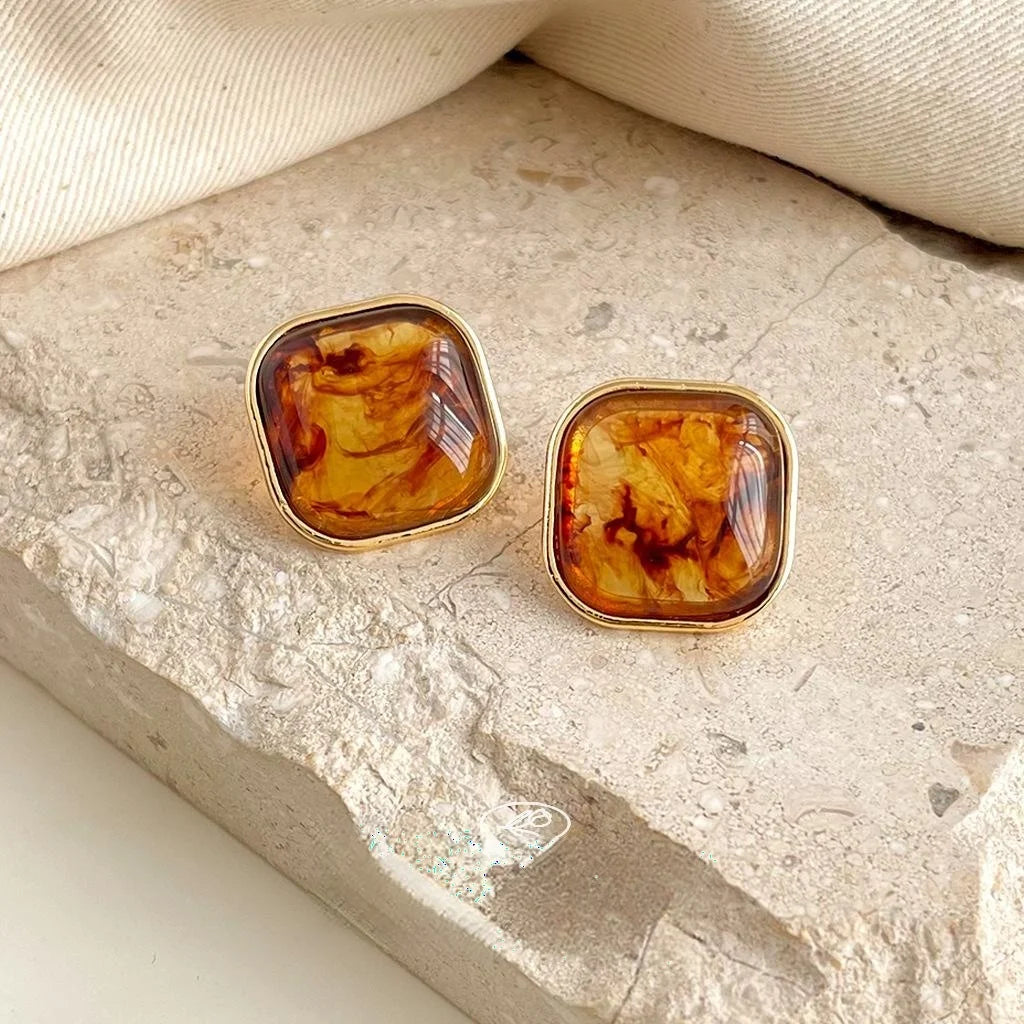 Vintage Maillard Style Amber Resin Square Stud Earrings 14K Gold Plated Copper