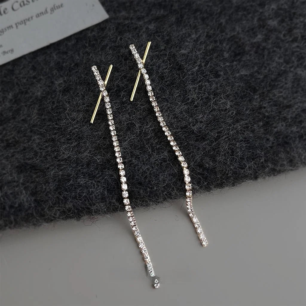 Light Luxury 14K Gold Plated Copper Glass Rhinestone Geometric Tassel Drop Earrings