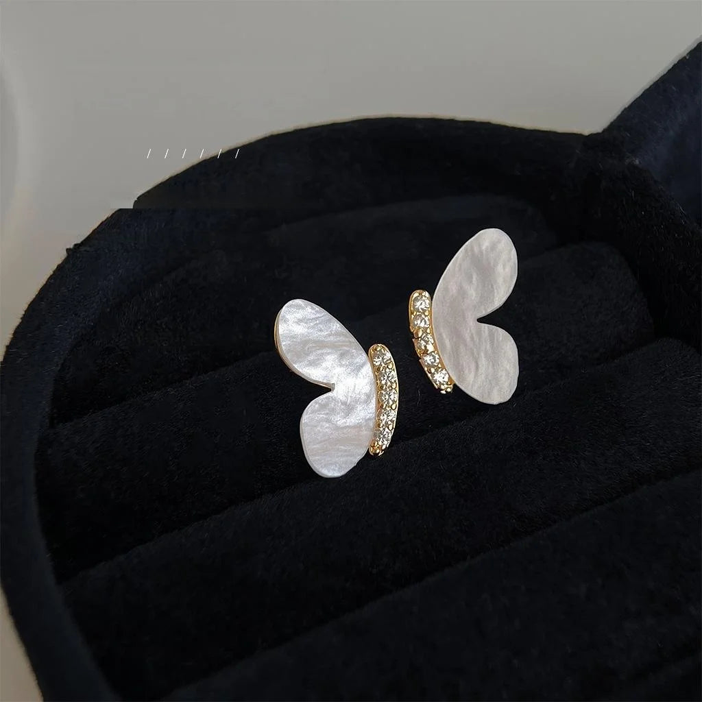 Original Design Cream White Micro Pave Zircon Butterfly Copper Stud Earrings French Elegant Jewelry