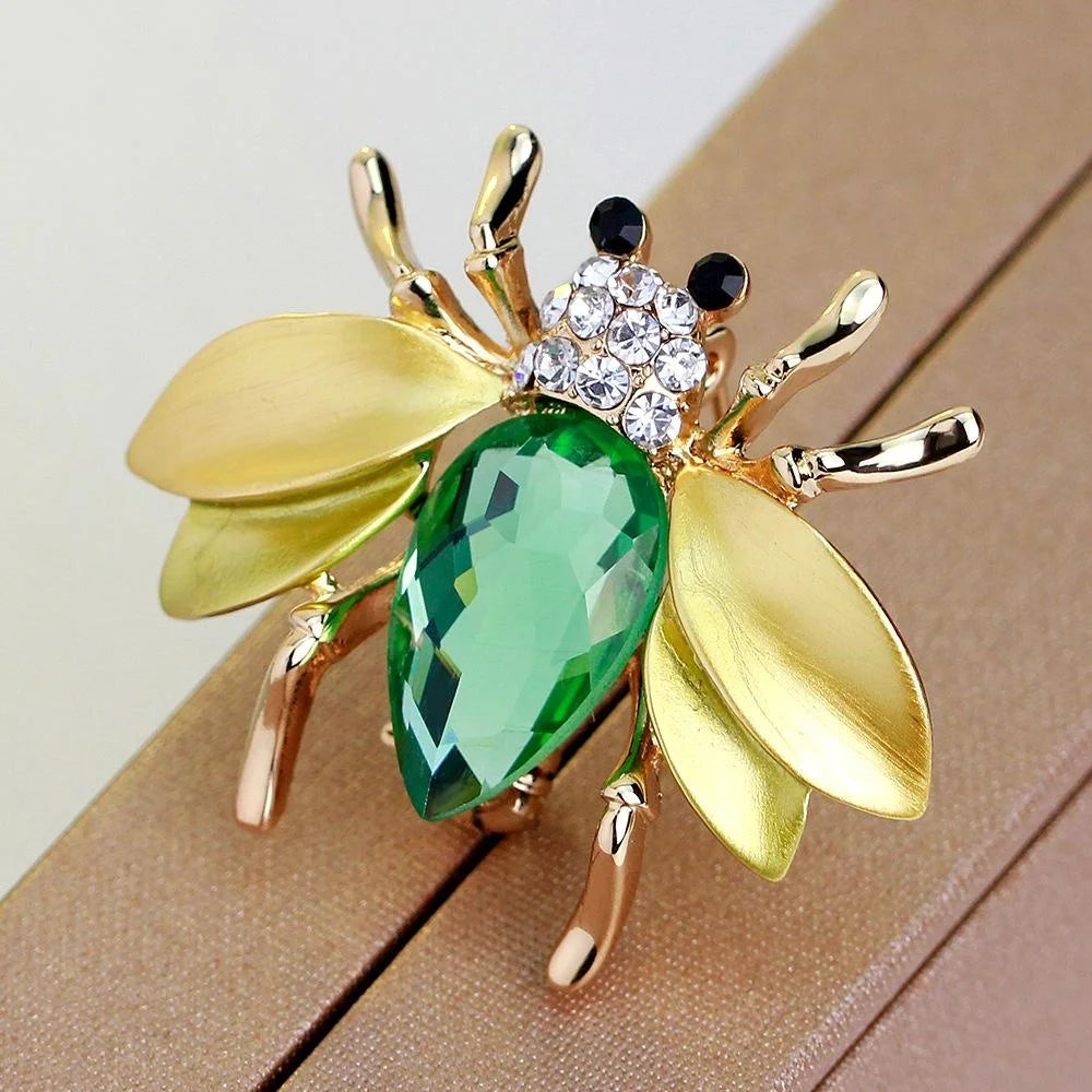 Luxury Rhinestone And Green Crystal Bee Brooch, Cute Gold Alloy Lapel Pin Corsage Suit Accessory Gift