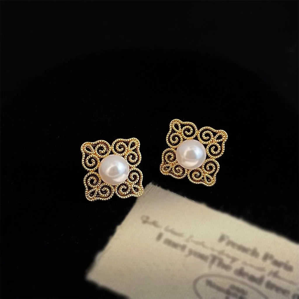 Vintage Chinese Style 14K Plated Copper Glass Pearl Geometric Floral Stud Earrings