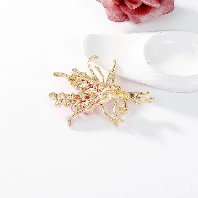 Elegant Red Rhinestone Wheat Bouquet Brooch With Pearl And Enamel Leaves, Gold Alloy Lapel Pin Gift