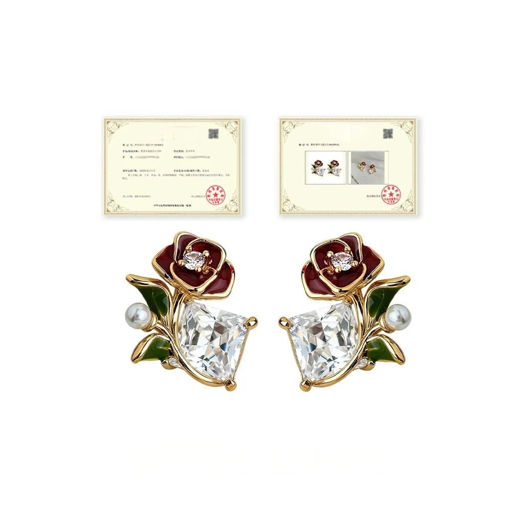Ethnic Rose Flower Zircon Pearl Enamel Copper Stud Earrings