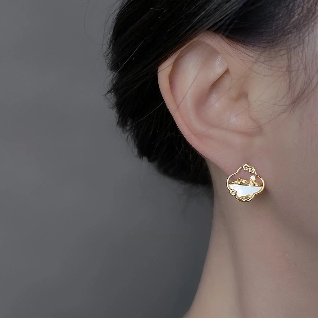 14K Gold Plated Copper Shell Flower Petal Micro Pave Zircon Light Luxury Stud Earrings