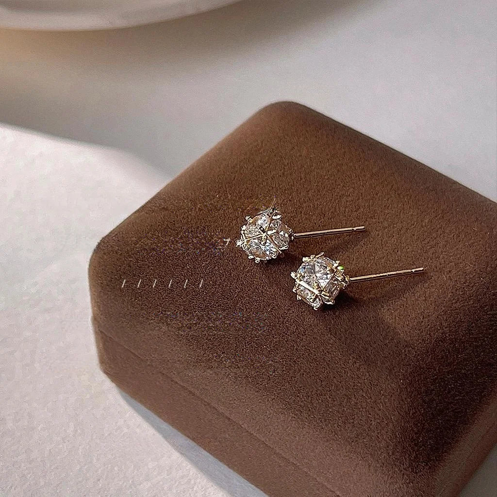 14K Plated Copper Geometric Square Zircon Stud Earrings Shiny Minimalist Luxury Ear Jewelry