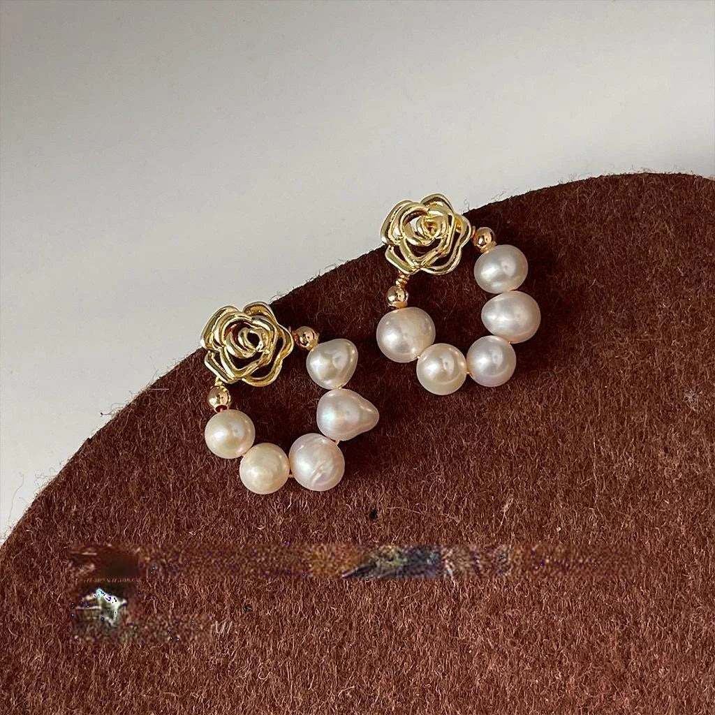 Handmade 14K Gold Plated Copper Rose Stud Earrings With Freshwater Pearl Forest Style