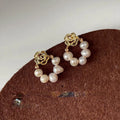 Handmade 14K Gold Plated Copper Rose Stud Earrings With Freshwater Pearl Forest Style