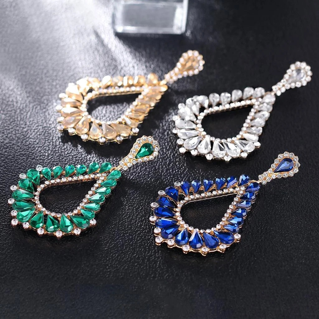 Vintage Bohemian Green Glass Crystal Rhinestone Teardrop Alloy Chandelier Earrings For Wedding Party