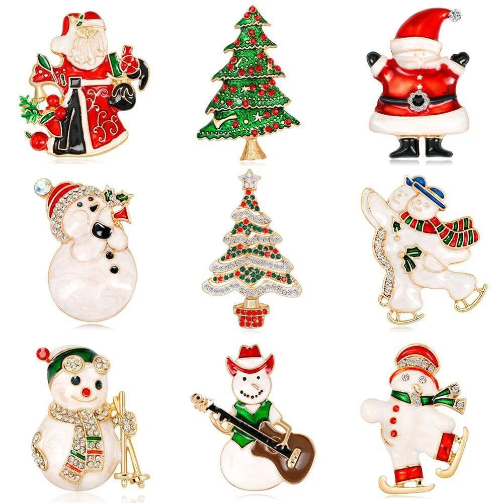 Cute Christmas Tree Santa Snowman Enamel Rhinestone Alloy Brooch Lapel Pin Corsage Holiday Gift