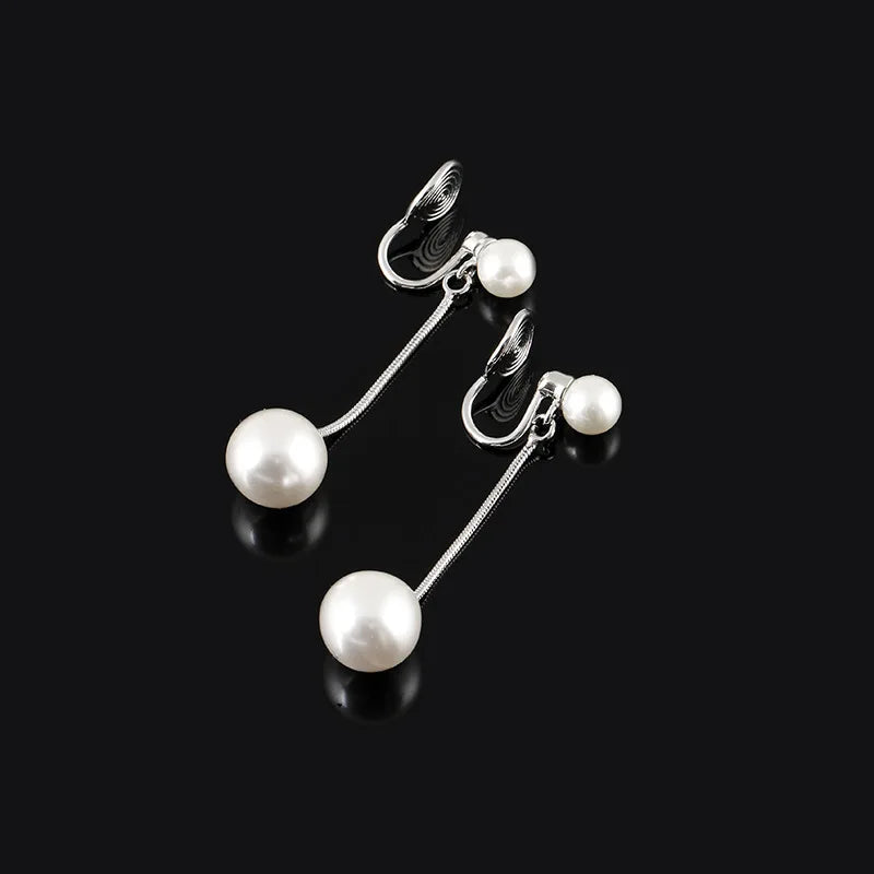 Elegant Spiral Pearl Tassel Drop Stud & Clip On No Piercing Silver Alloy Women's Fashion Earrings
