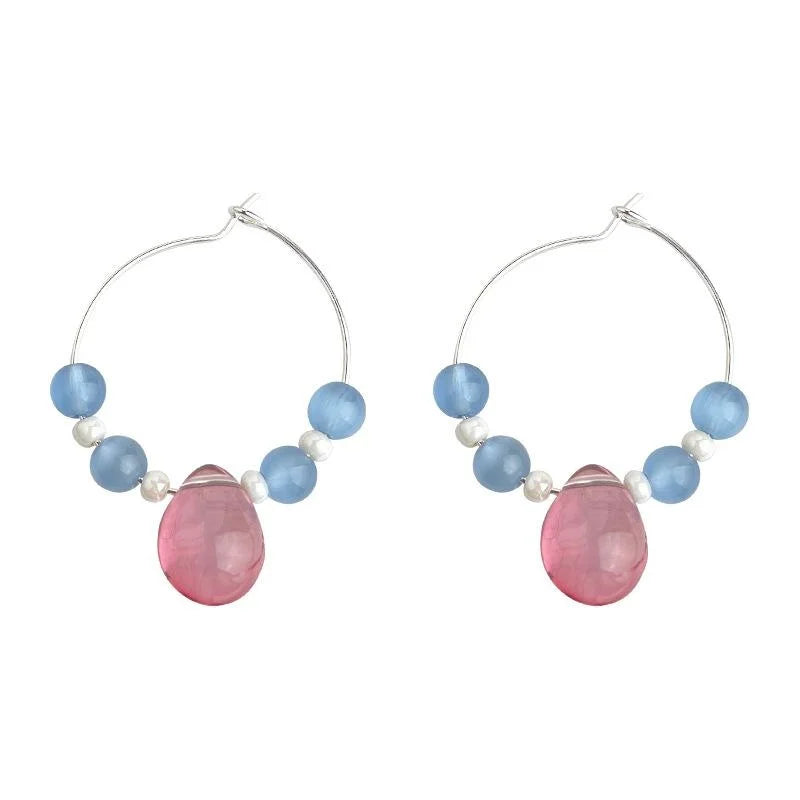 Blue Ocean Glass Glaze Cat Eye Stone Round Geometric Sweet Vacation Drop Earrings