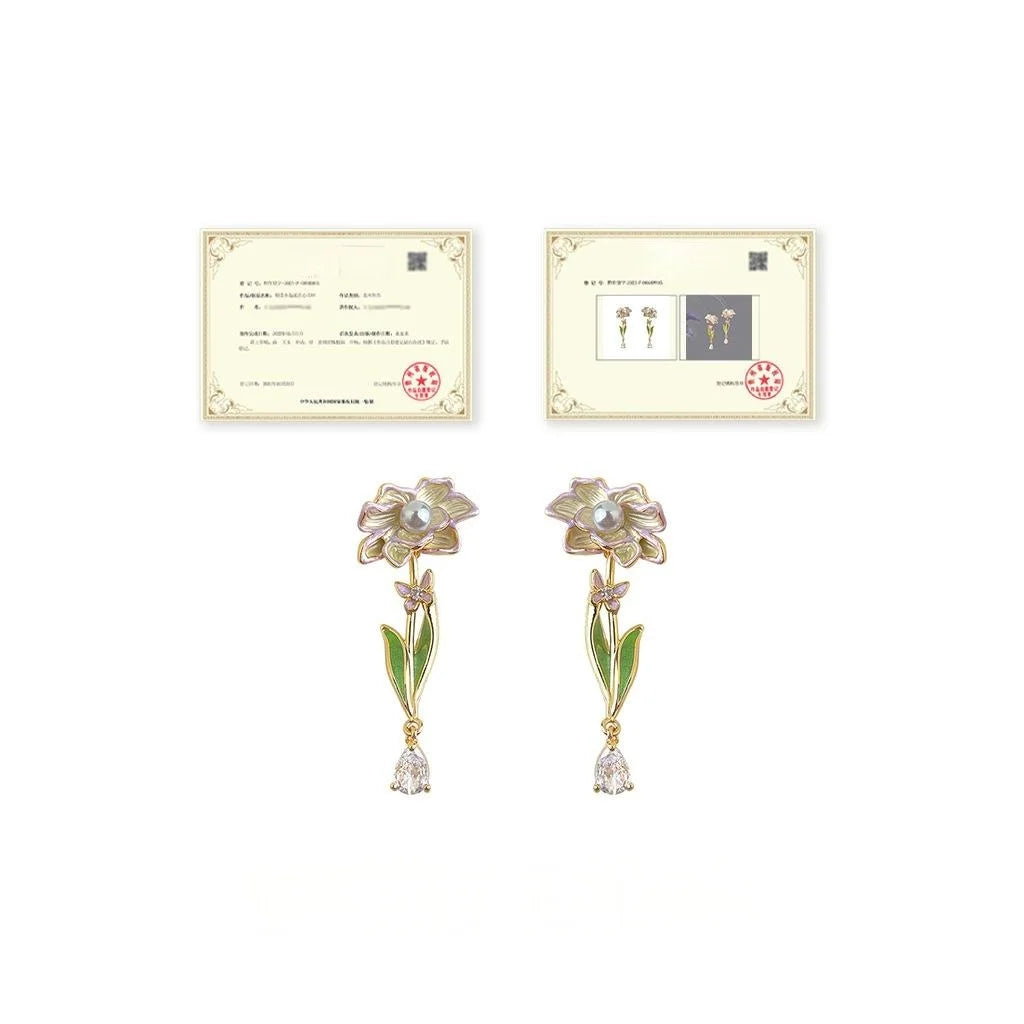 Monet Oil Painting Inspired Enamel Flower Drop Earrings, Copper Zircon Sweet Forest Style