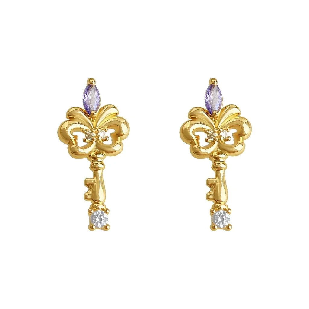 Original Designer Iris Flower Key Stud Earrings Micro Paved Zircon Copper Fashion Jewelry