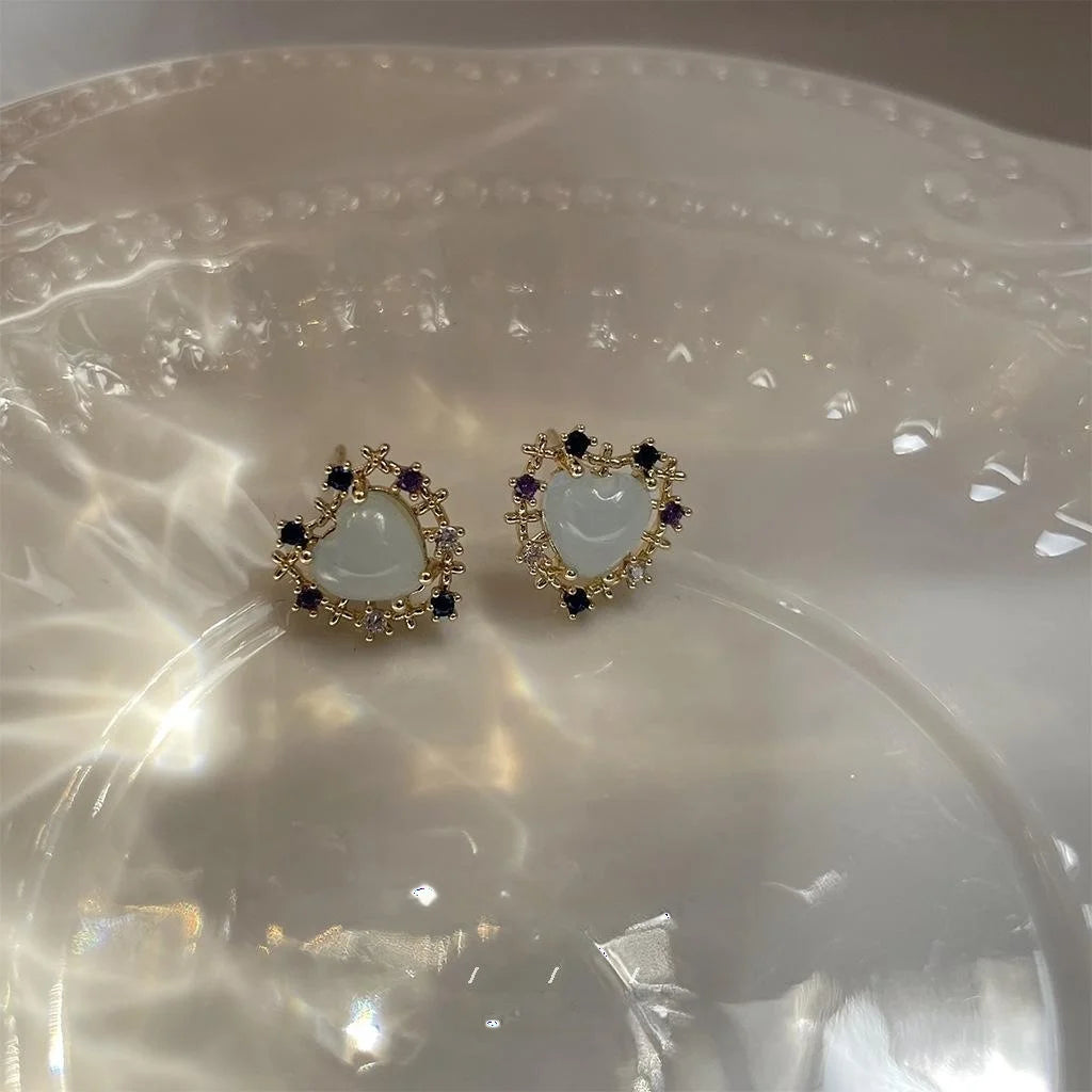 Micro Pave Heart Zircon Stud Earrings 14K Plated Sweet Cool Trendy Ear Jewelry