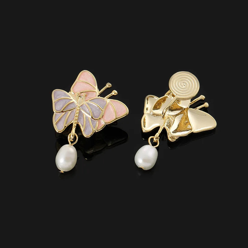 Elegant Pink Purple Enamel Butterfly Freshwater Pearl Stud & Clip On No Piercing Alloy Earrings