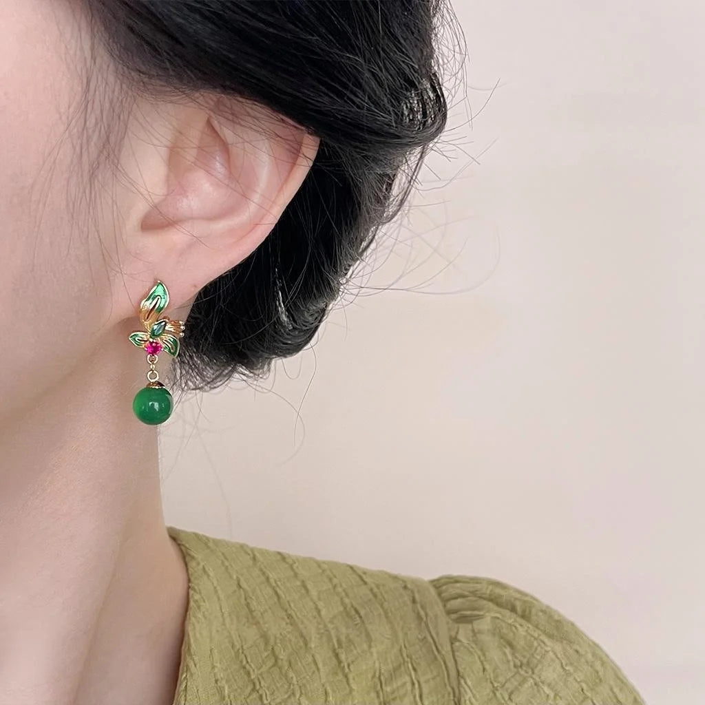 Chinese Style Green Agate Flower Drop Earrings, Copper Micro Pave Zircon Peacock Green Jewelry