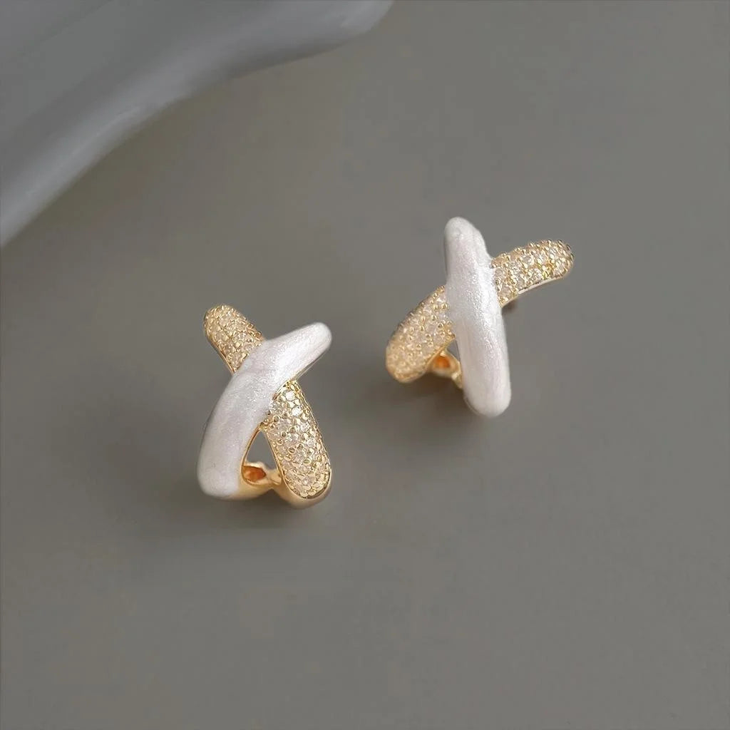 Luxury Geometric Cross Hoop Drop Earrings Copper Micro Pave Zircon Handmade Enamel Jewelry For Women