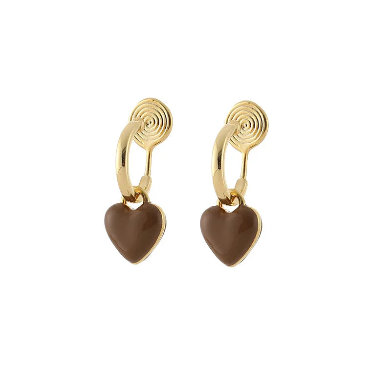 Elegant Coffee Brown Enamel Heart Charm Gold Alloy Stud & Clip On No Piercing Hoop Drop Earrings
