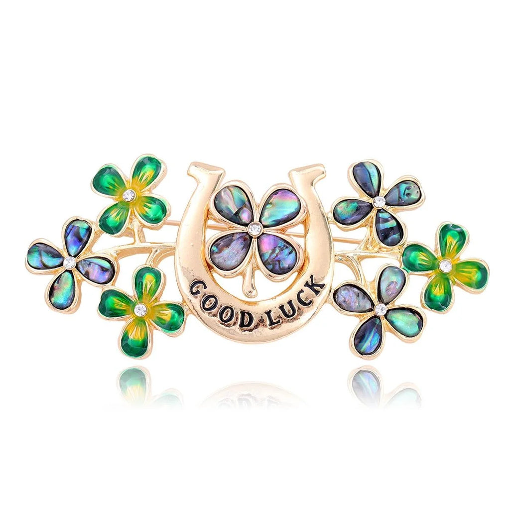 Elegant Alloy Four Leaf Clover Horseshoe Brooch With Enamel Rhinestone Flowers, Women's Lapel Pin Gift