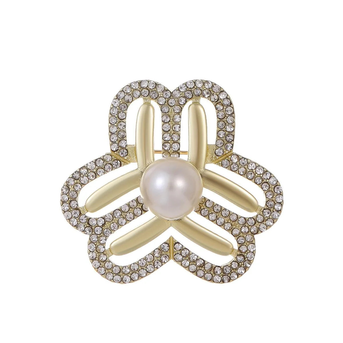 Elegant Rhinestone Pearl Flower Emblem Brooch, Gold Tone Alloy Lapel Pin Corsage Suit Accessory Gift