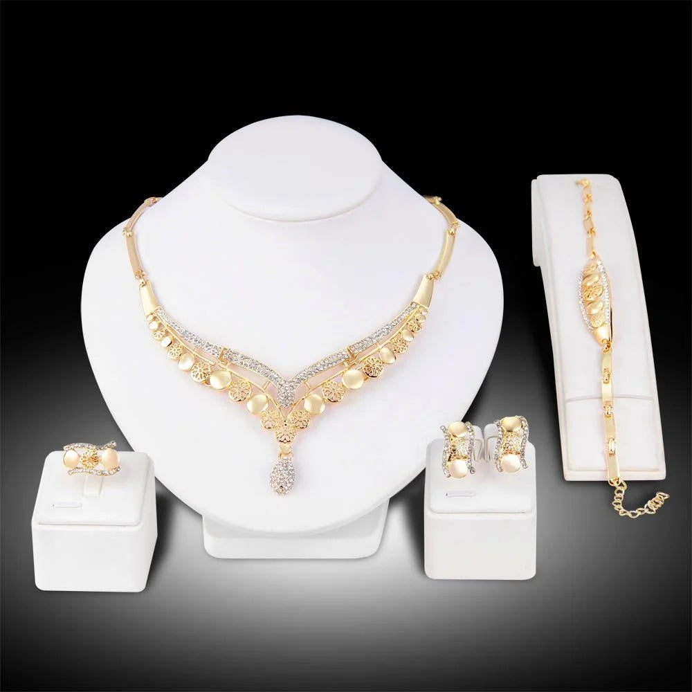 Luxury Gold Tone Rhinestone Jewelry Set, Bridal Necklace Earrings Ring Bracelet For Wedding Banquet