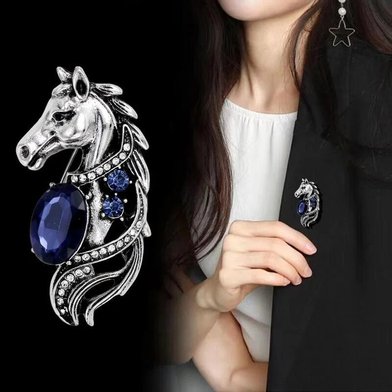 Vintage Horse Head Brooch With Blue Rhinestone And Antique Silver Alloy, Elegant Lapel Pin Suit Accessory