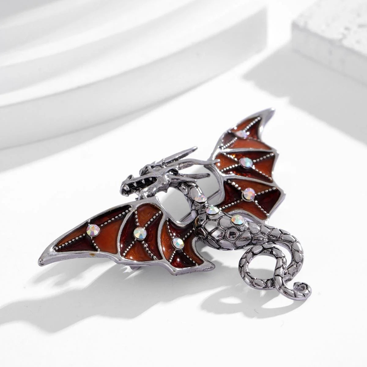Vintage Enamel Flying Dragon Brooch With Rhinestone Wings, Luxury Alloy Lapel Pin Suit Accessory Gift