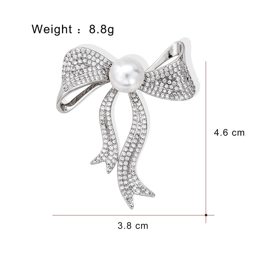 Elegant Rhinestone Bow Brooch With Faux Pearl Center, Silver Alloy Lapel Pin Corsage Suit Accessory