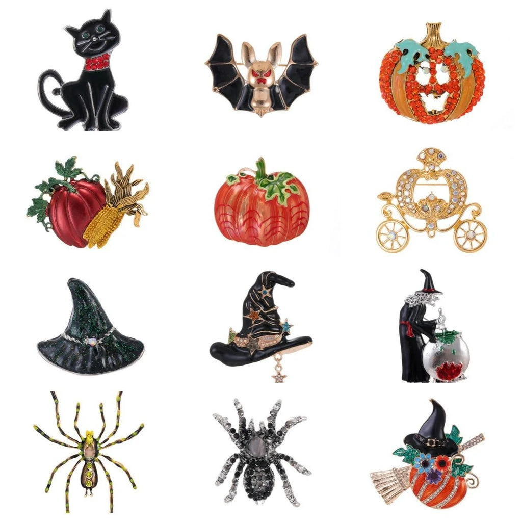 Cute Halloween Pumpkin, Cat, Witch Hat And Spider Alloy Enamel Rhinestone Brooch Lapel Pin Gift