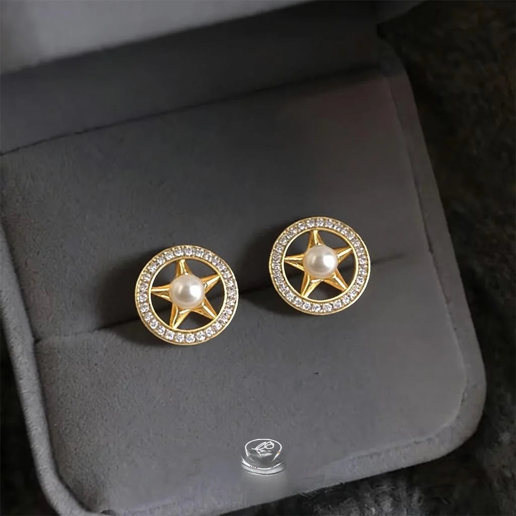 Luxury 14K Plated Copper Zircon Pearl Star Round Geometric Stud Earrings