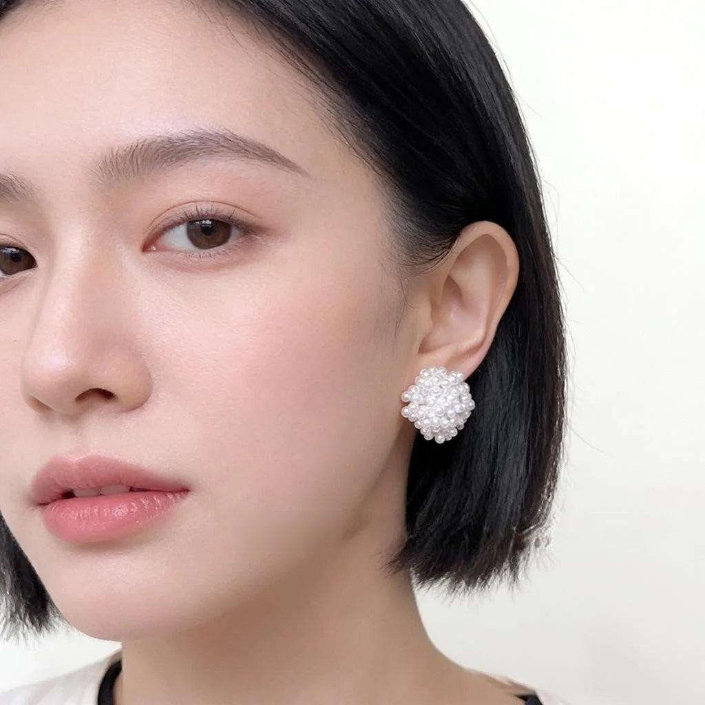 French Vintage Handmade White Faux Pearl Beaded Flower Stud Earrings
