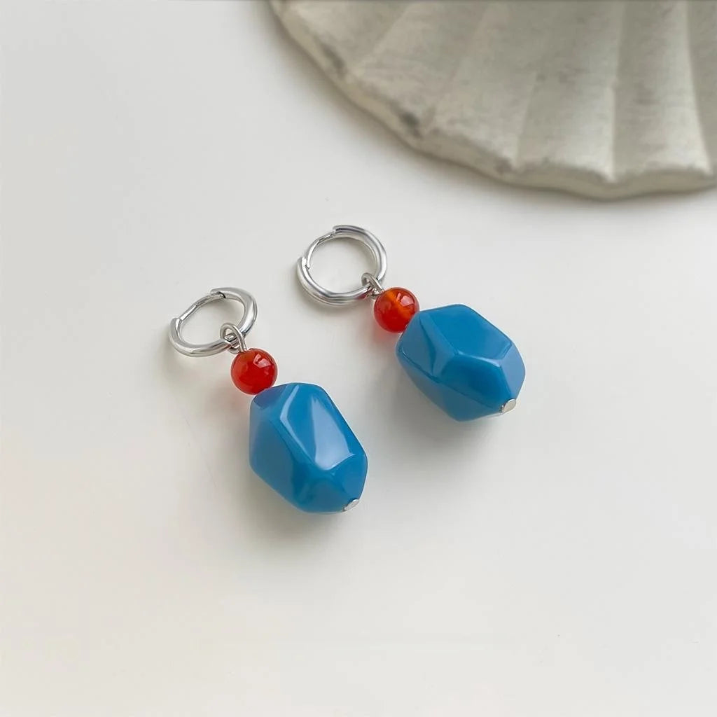 Haze Blue Copper Red Agate Geometric Round Palace Style Drop Earrings for Women