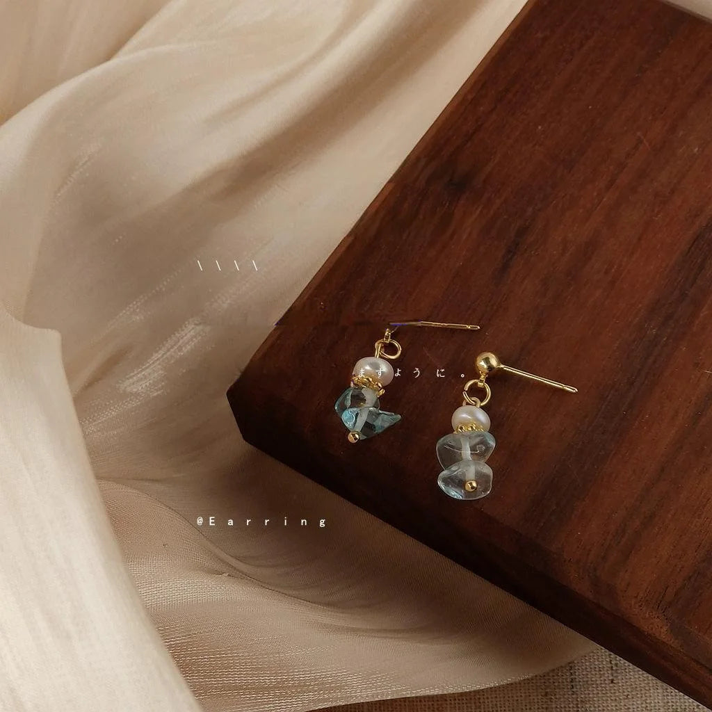 Handmade Aquamarine Chip Freshwater Pearl Stud Earrings 14K Gold Plated Geometric Jewelry