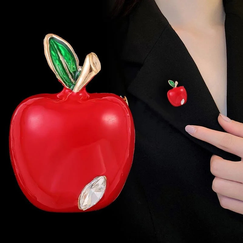 Cute Red Apple Enamel Alloy Brooch With Rhinestone Accent, 3D Fruit Lapel Pin Suit Accessory Gift