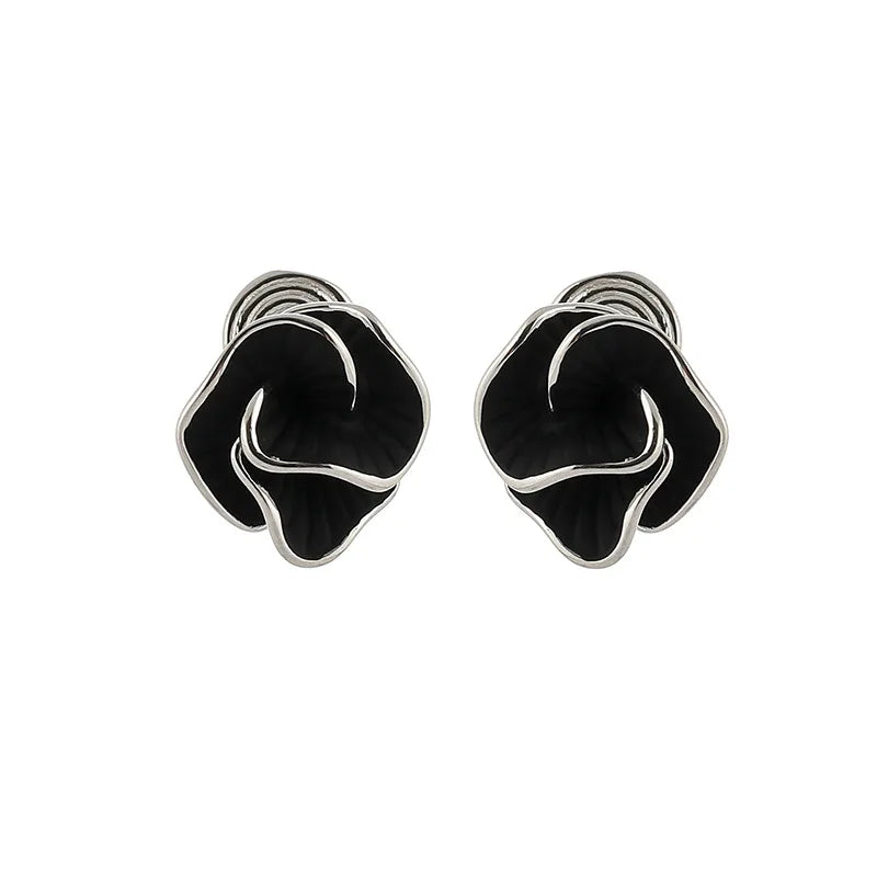 Elegant Black Camellia Flower Enamel Alloy Stud & Clip On No Piercing Minimalist Floral Earrings