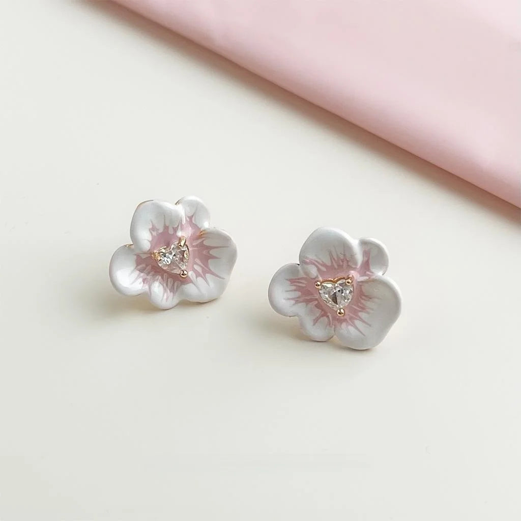 Sweet Enamel 3D Flower Stud Earrings Copper Micro Pave Zircon Office Jewelry
