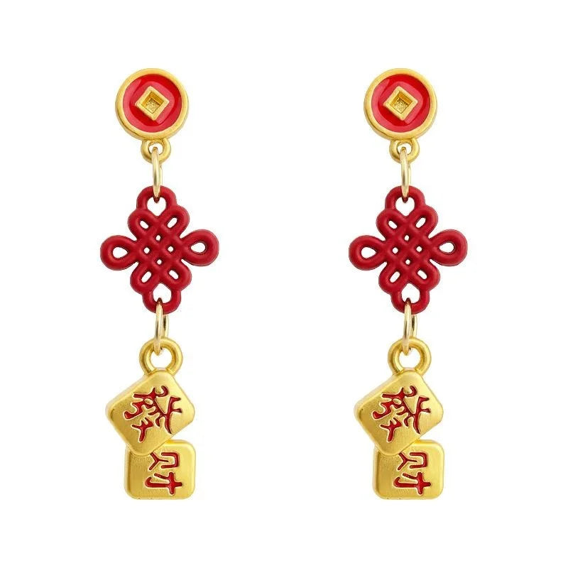 Chinese Style Geometric Copper Enamel Horse Year Knot Drop Earrings