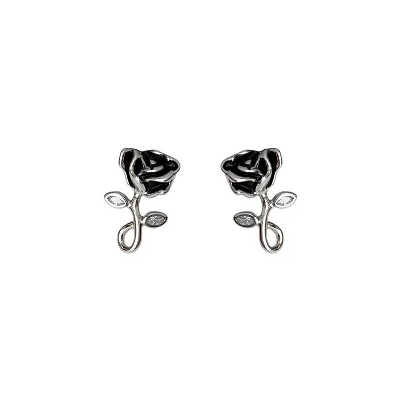 Black Rose Hand Painted Copper Zircon Micro Pave Mini Flower Stud Earrings Luxury Style