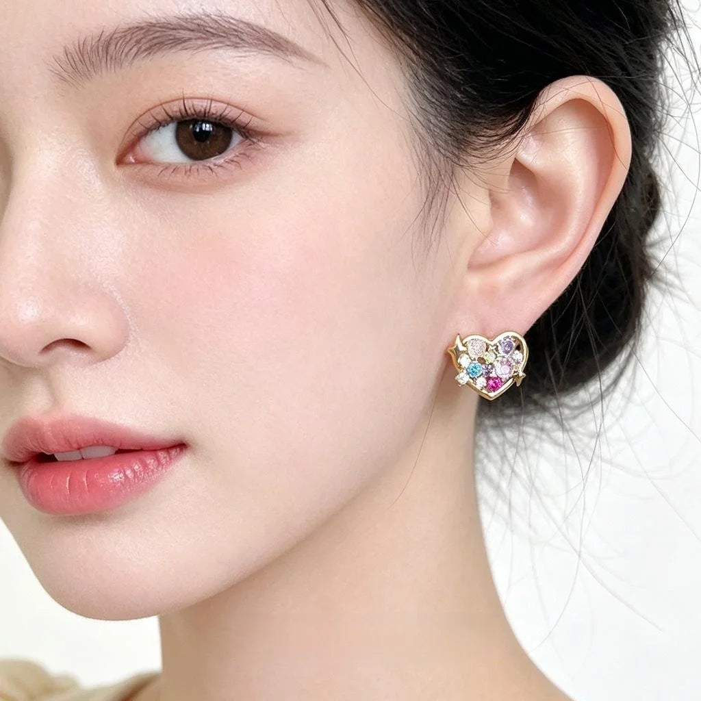 14K Gold Plated Copper Zircon Heart Stud Earrings Minimalist Light Luxury Commuter Jewelry