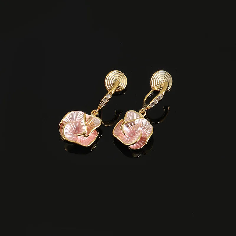 Elegant Pink Enamel Camellia Flower Rhinestone Spiral Drop Stud & Clip On No Piercing Earrings